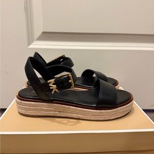 Michael Kors Black Espadrille Platform Sandals with Gold MK Accent